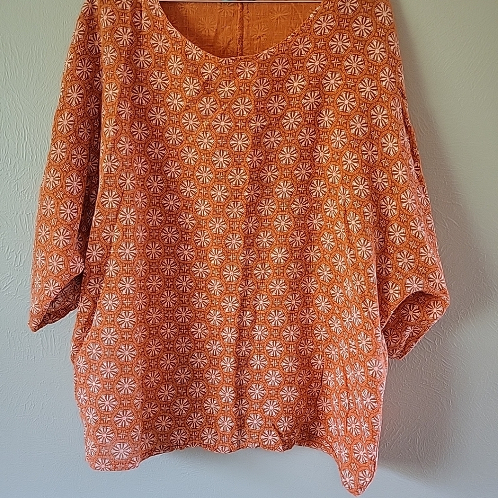 Made In Italy Laganlook Linen Cotton Womens Orange and White Boxy Tunic Top